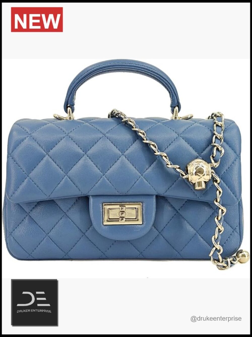 Quilted Genuine Leather Crossbody Bag with Gold Chain Strap & Top Handle